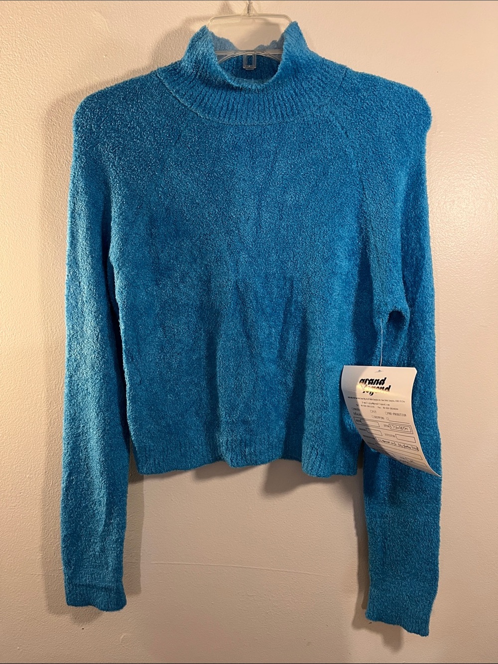 Revamped Teal-Blue Mock Neck Fuzzy Sweater